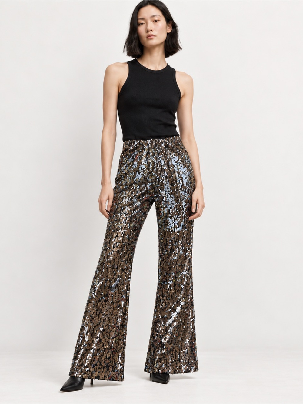 Zara NWT Sequin Flare Pants Black Bronze Sparkle Size L Holiday